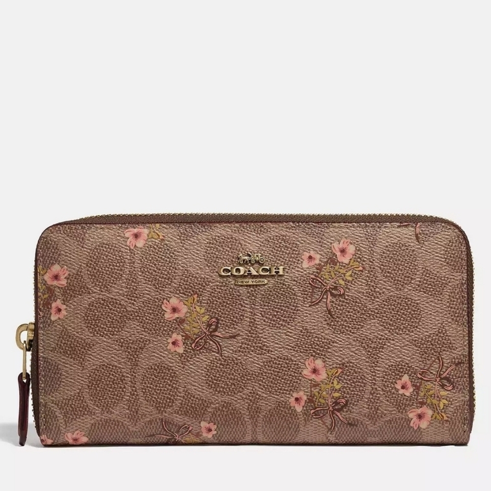 Coach Prairie Floral Accordion Zip Wallet With Red Leather Interior